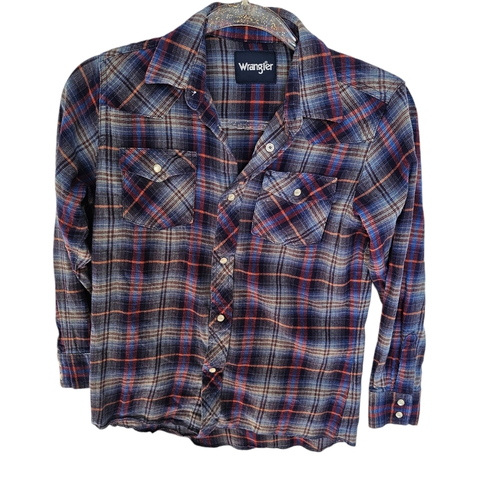 Wrangler Boys 10-12 shirt long sleeve Button down blue Plaid western 100% Cotton - Picture 1 of 10